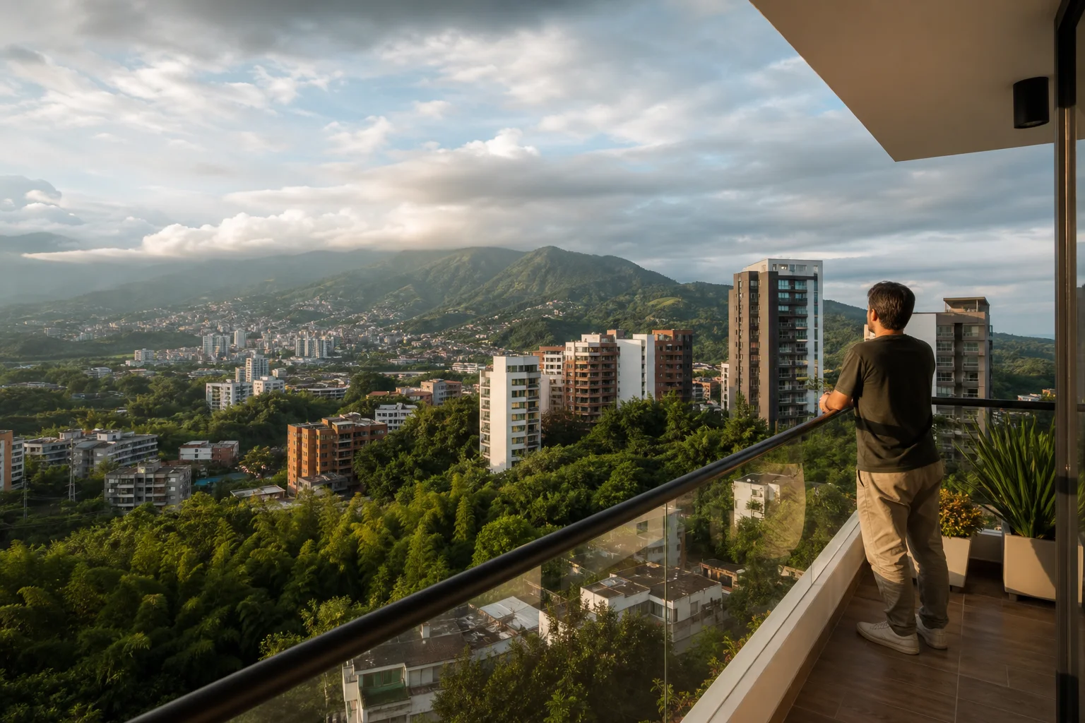Vista de una zona urbana de Armenia, Quindío, con edificios residenciales y ambiente turístico para alojarse.