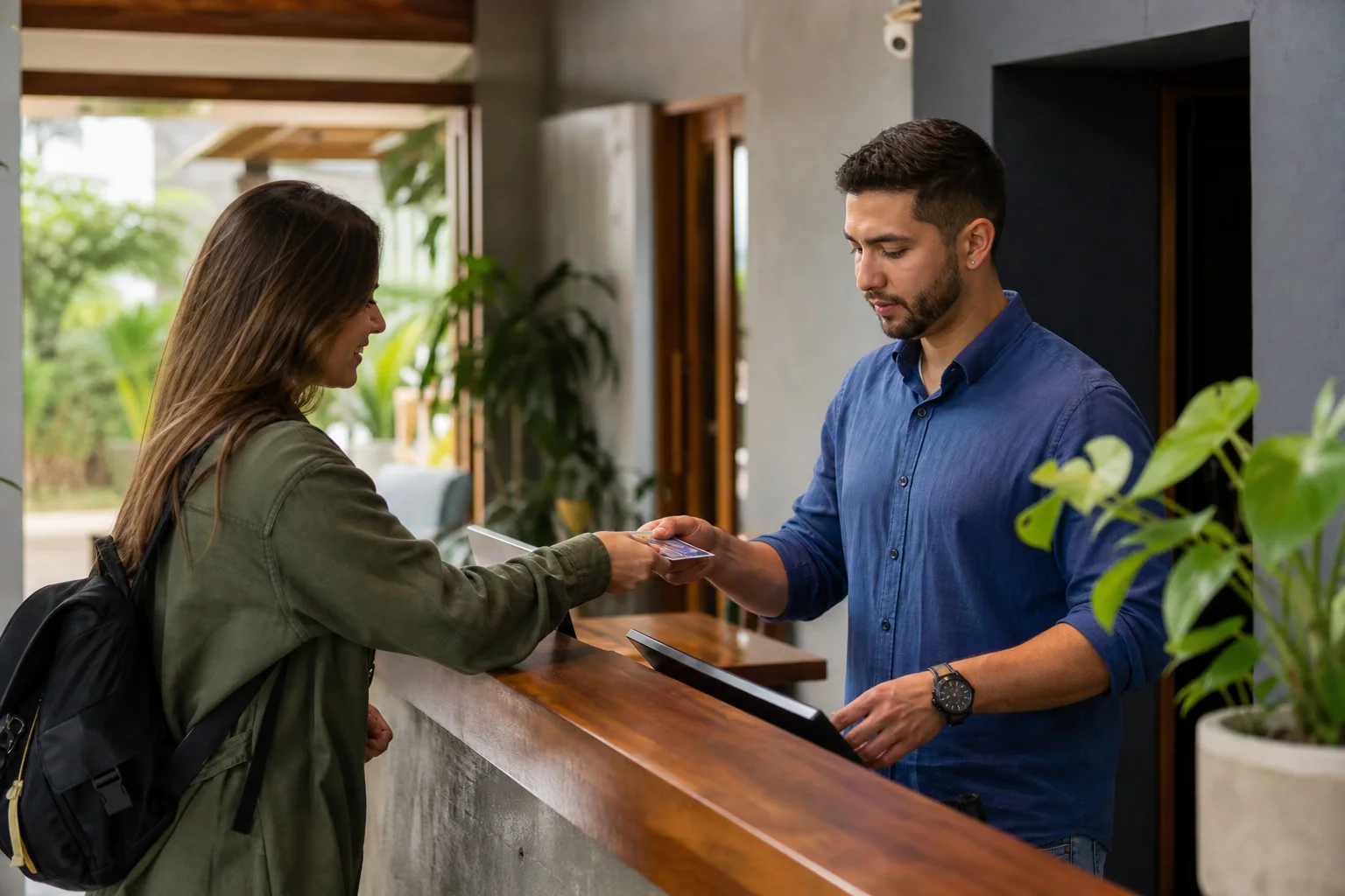 Reception desk at an accommodation checking a guest’s documents before check-in