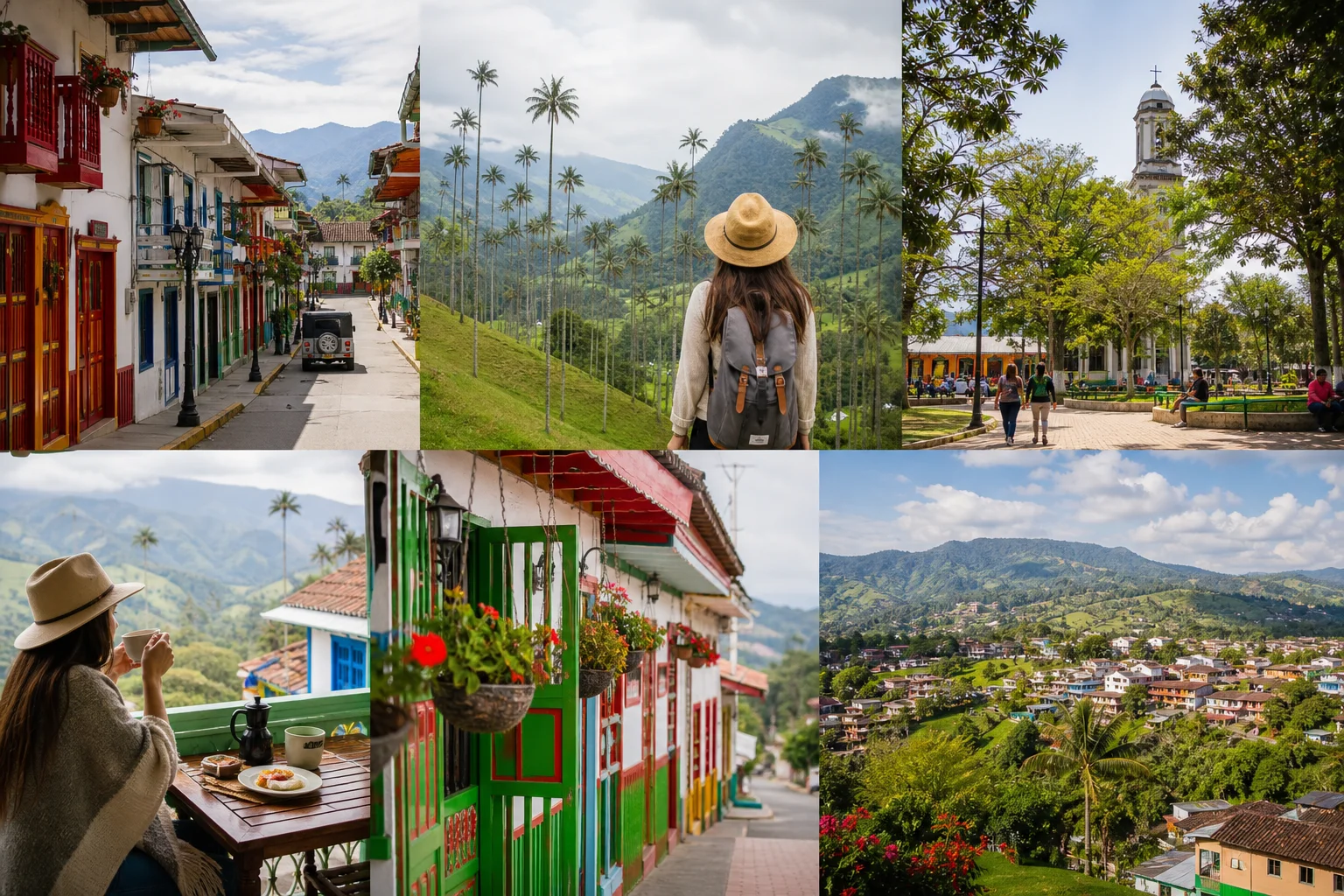 Vista de un pueblo colorido del Quindío con casas tradicionales, calle peatonal y montañas cafeteras al fondo