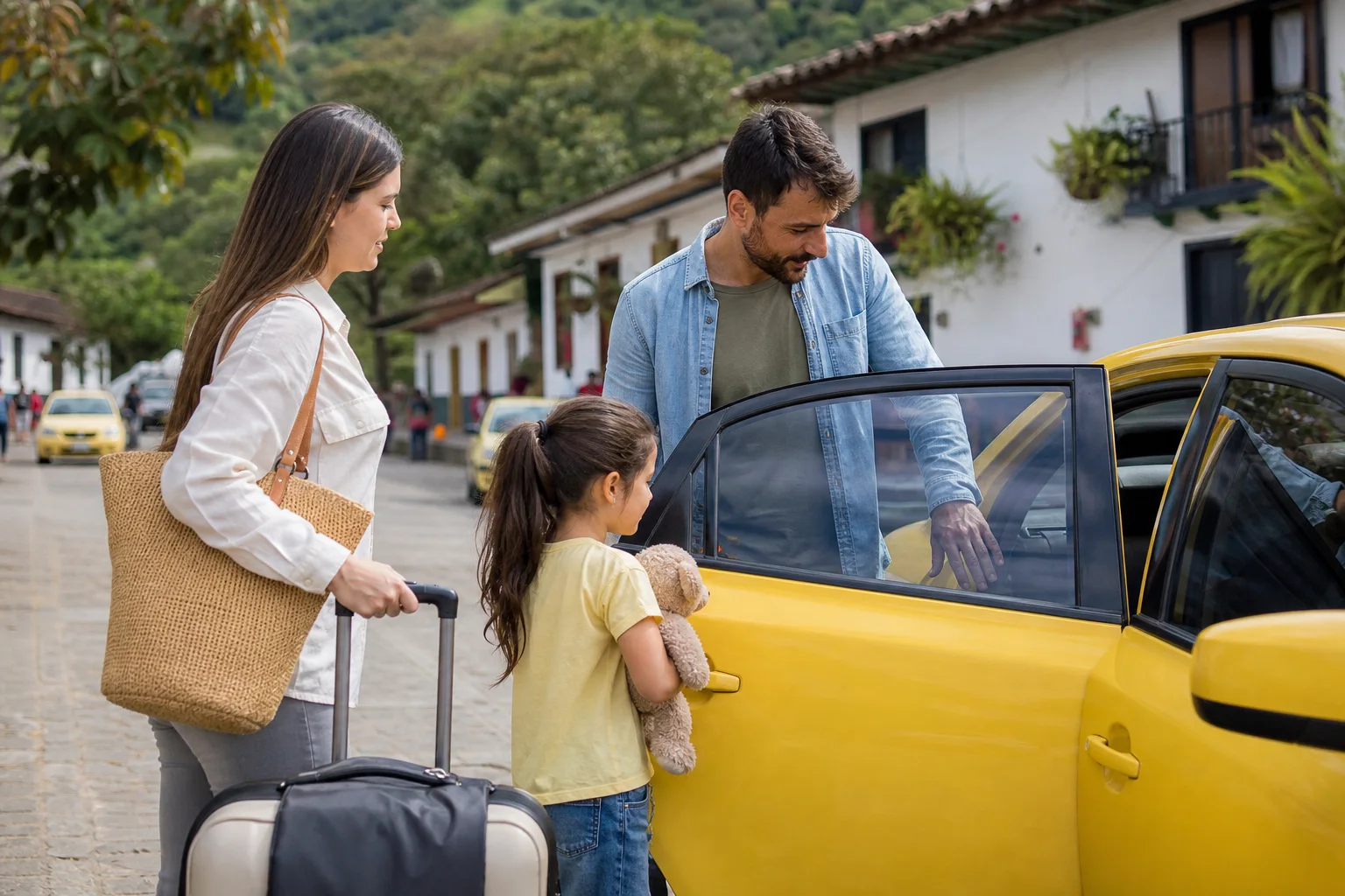 Viajeros organizando una ruta por el Quindío sin carro desde una base de alojamiento en Armenia.