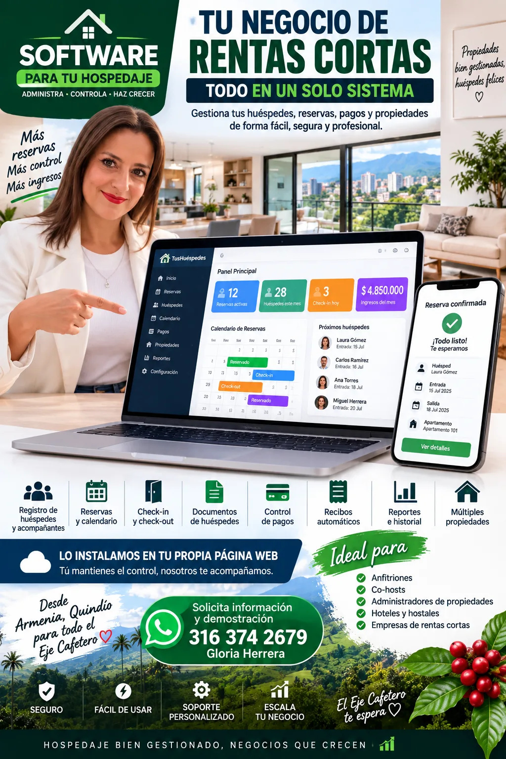 A short-term rental management dashboard showing bookings, guest profiles, and payment tracking.